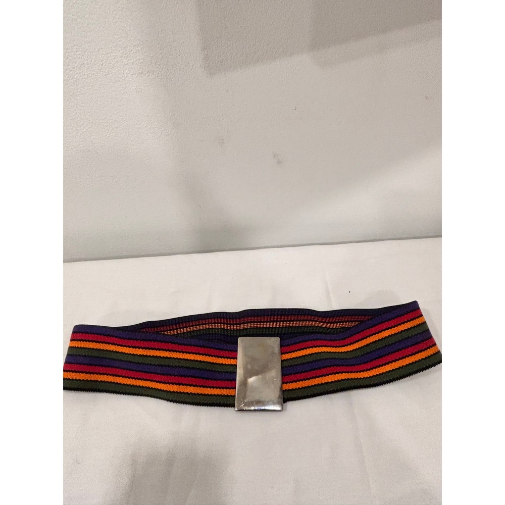 Vintage DMP Striped Elastic Stretch Belt Multi-Color Silver Buckle Made in USA